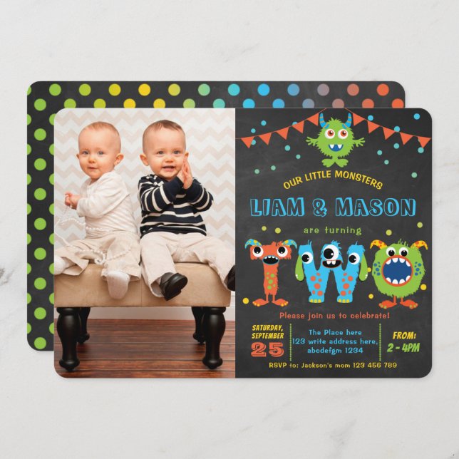 Little Monster party boy 2nd birthday photo Invitation (Front/Back)