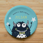 Little Monster | Personalised Kids Birthday Party Paper Plate<br><div class="desc">Designed to coordinate with our Little Monster birthday party invitations and accessories, these monster themed paper plates feature a cute smiling monster wearing a dapper lime green bow tie, on a cheerful turquoise background. Personalise with a custom message (shown with "Happy Birthday") and the birthday boy's name in the centre....</div>