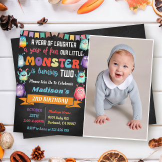 Little Monster Themed 2nd Birthday Party Photo Invitation