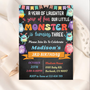 Little Monster Themed 3rd Birthday Party  Invitation