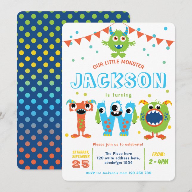 Little Monster themed boy 2nd birthday Invitation (Front/Back)