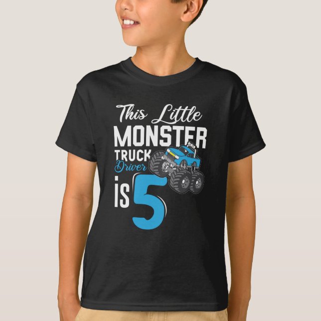 Little monster truck Driver 5th Birthday T-Shirt (Front)