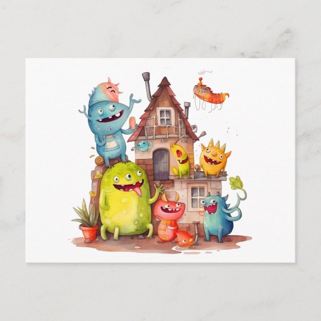 Little monsters build a house. Housewarming party. Postcard (Front)
