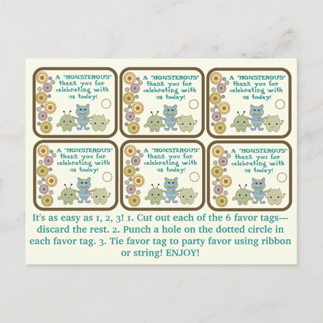 Little Monsters Party Favour Tags Postcard (Front)