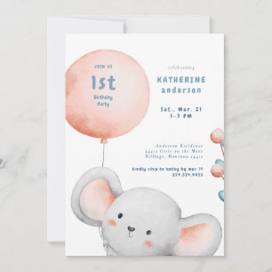 Little Mouse Blush & Blue 1st Birthday Party Invitation