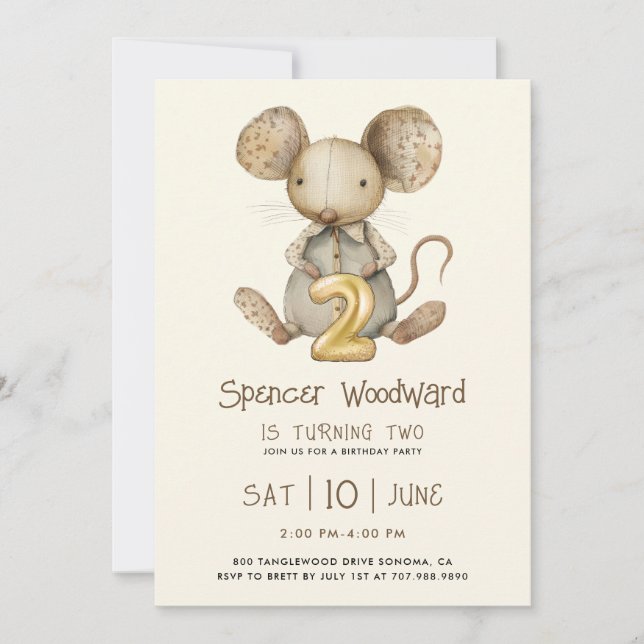 Little Mouse Boy Birthday Turning Two Invitation (Front)