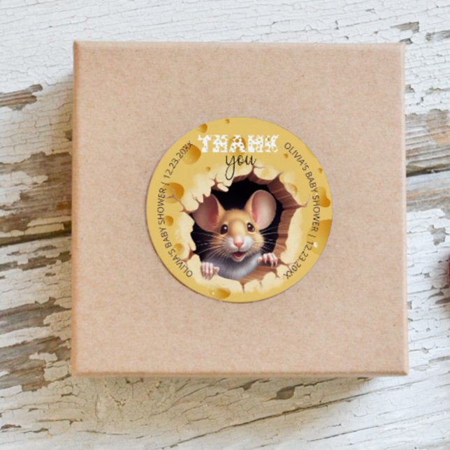 Little mouse in cheese Baby Shower Classic Round Sticker (Creator Uploaded)