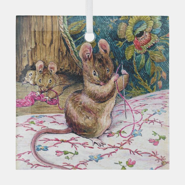 Little Mouse Threading a Needle Glass Tree Decoration (Front)