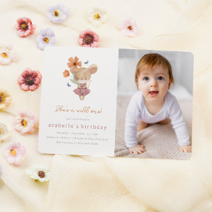 Little Mouse Wild One Flower Photo 1st Birthday Invitation
