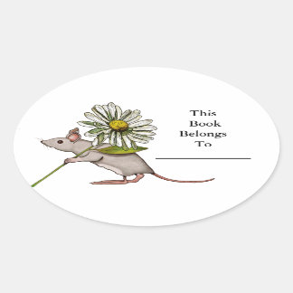 Little Mouse With Big Daisy Flower: Book Plate Oval Sticker