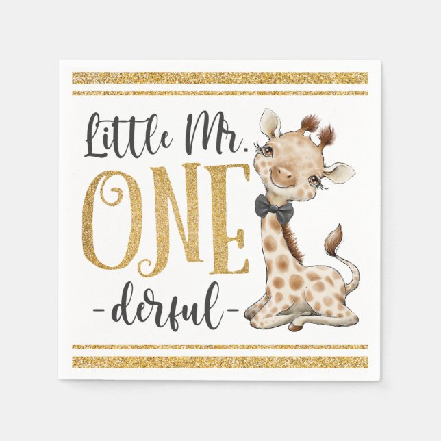Little Mr. One Derful Cute Giraffe 1st Birthday Na Napkin (Front)