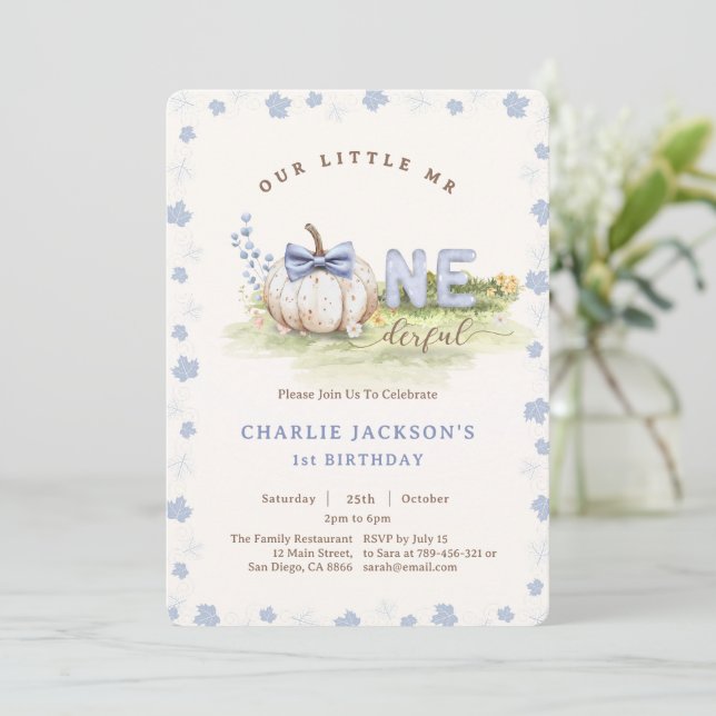 Little Mr Onederful Bow Tie Pumpkin 1st Birthday Invitation (Standing Front)