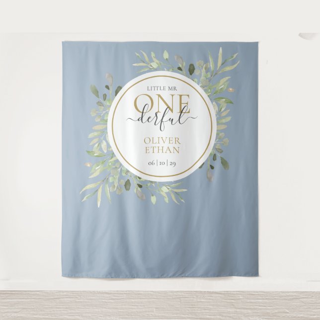 Little Mr ONEderful First Birthday Blue Photo Prop Tapestry (Front)