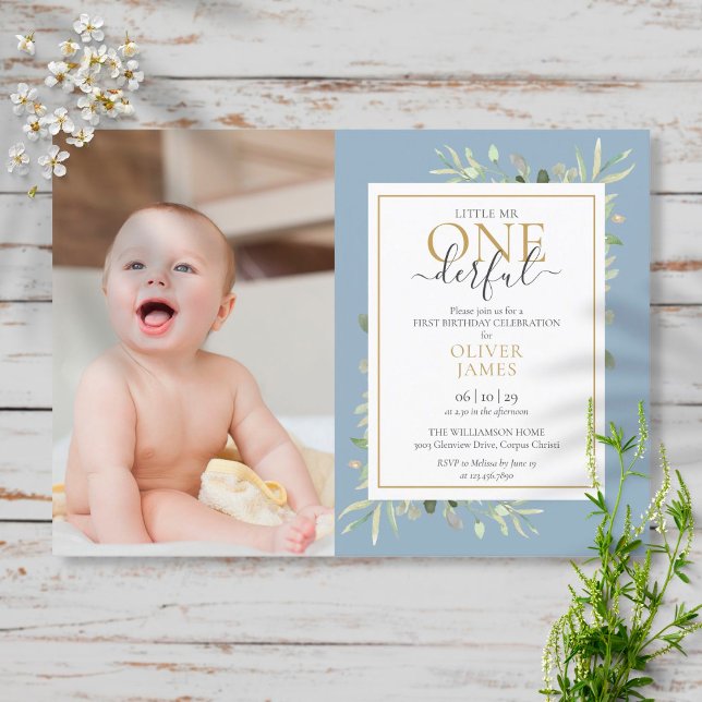 Little Mr ONEderful Photo Blue Boy First Birthday Invitation (Creator Uploaded)