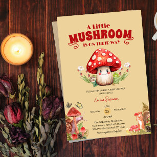 little mushroom butterfly moth red baby shower invitation