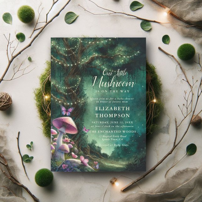 Little Mushroom Enchanted Woodland Baby Shower Invitation (enchanted forest baby shower fairy tale faerie mushrooms butterflies green purple lavender woodland)