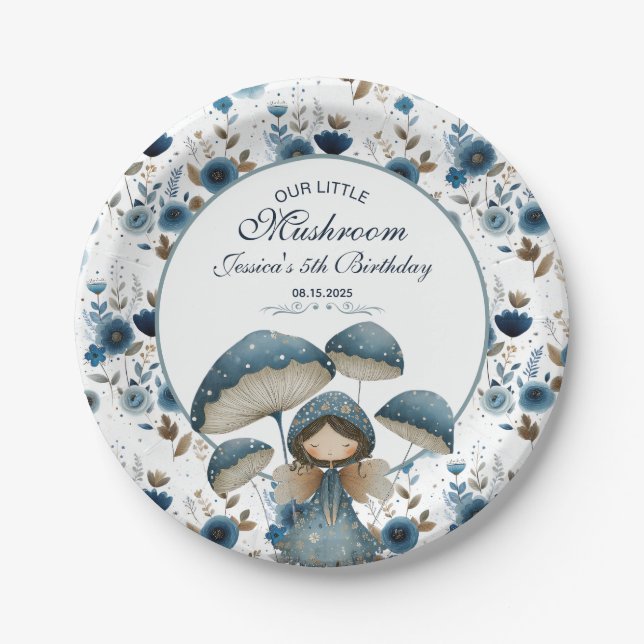 Little Mushroom Fairy Blue Kids Birthday Party  Paper Plate (Front)