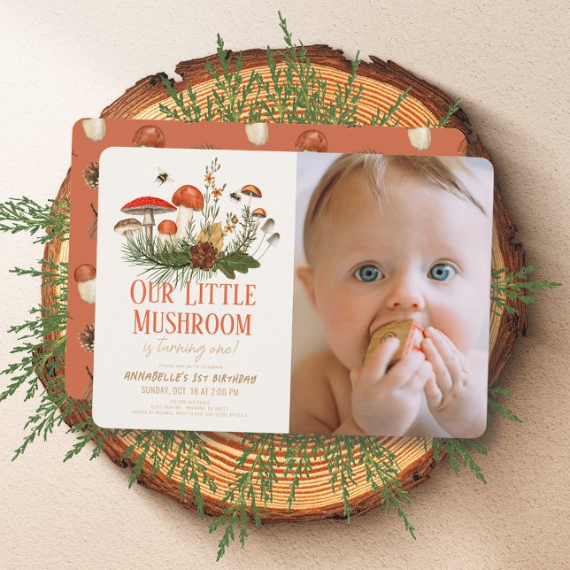 Little Mushroom Fall Autumn 1st Birthday Photo Invitation (Creator Uploaded)