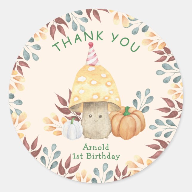 Little Mushroom first Birthday THANK YOU Classic Round Sticker (Front)