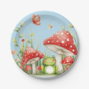 Little Mushroom Toadstool Frog Blue Baby Shower Paper Plate