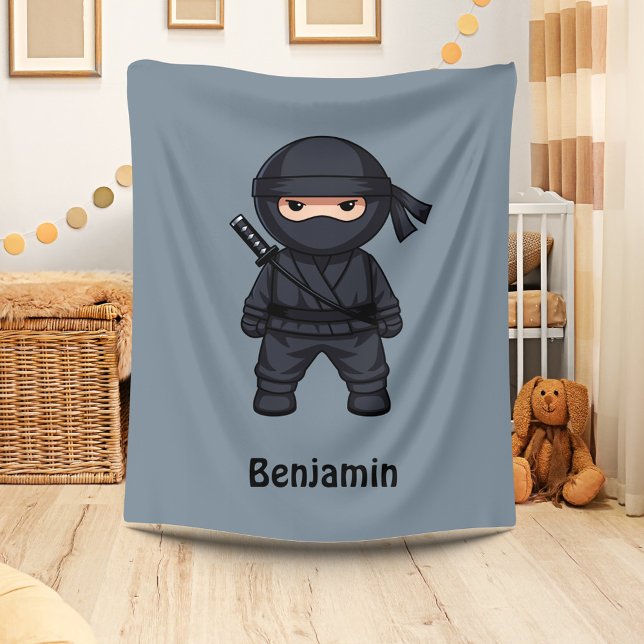Little Ninja Custom Name Grey Fleece Blanket (Creator Uploaded)