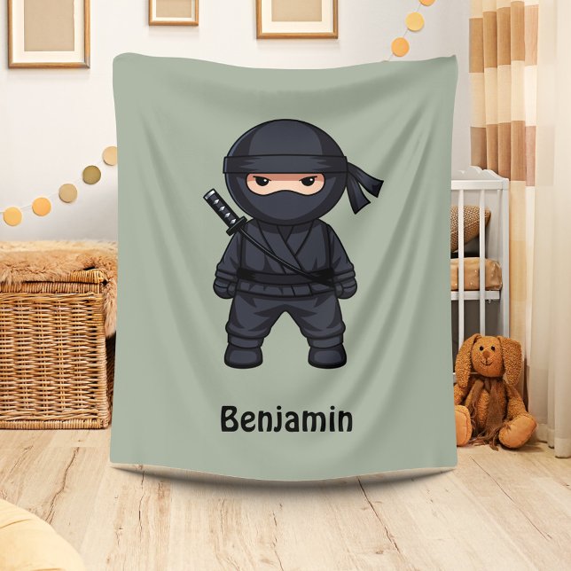 Little Ninja Custom Name Sage Green Fleece Blanket (Creator Uploaded)