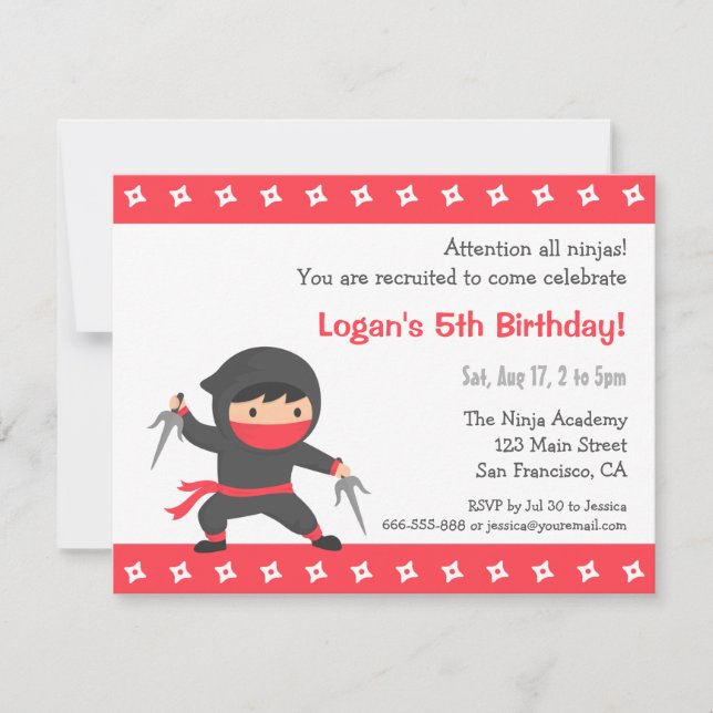 Little Ninja Kids Birthday Party Invitations (Front)