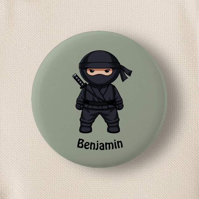 Little Ninja Warrior on Sage Green 6 Cm Round Badge (Creator Uploaded)