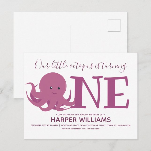 Little Octopus Turning One Animal First Birthday Invitation Postcard (Front/Back)