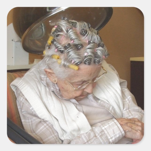 LIttle Old Lady Sleeping Under Hair Dryer Square Sticker (Front)
