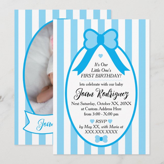 Little One Bow 1st Birthday Photo Invitations (Front/Back)