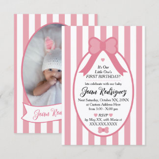 Little One Bow 1st Birthday Photo Invitations