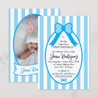 Little One Bow 1st Birthday Photo Invitations