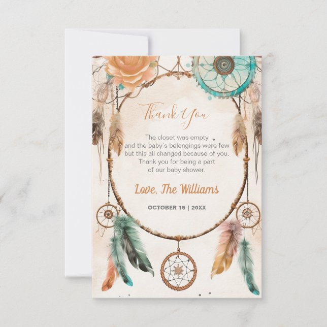 Little One Dreamcatcher Baby Shower Watercolor Thank You Card (Front)