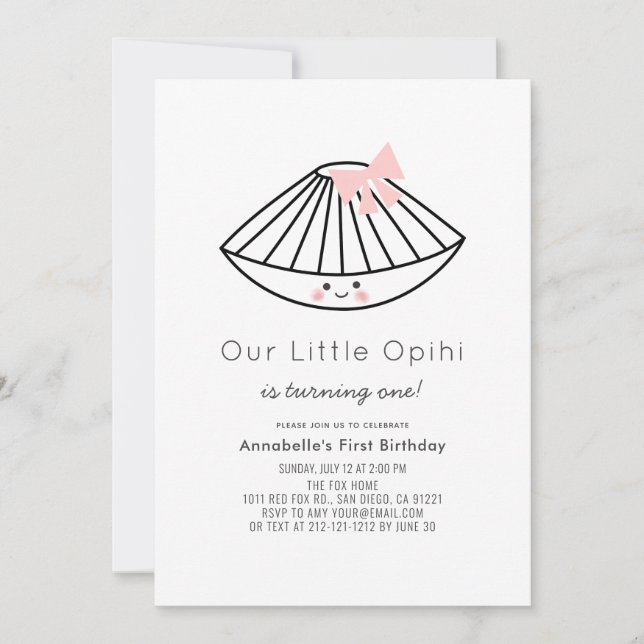 Little Opihi Pink Ribbon Girl 1st Birthday Invitation (Front)