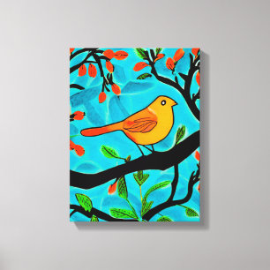 Little Orange Bird on a Flowering Branch Canvas Print