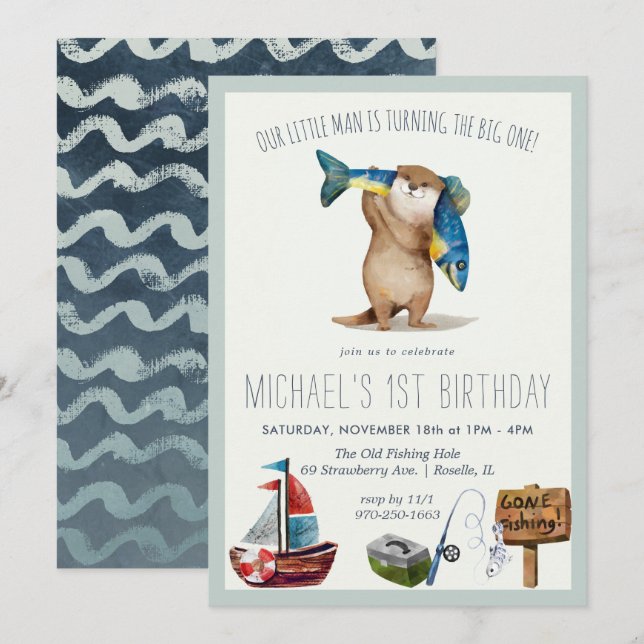Little Otter Fishing 1st Birthday Invitation (Front/Back)