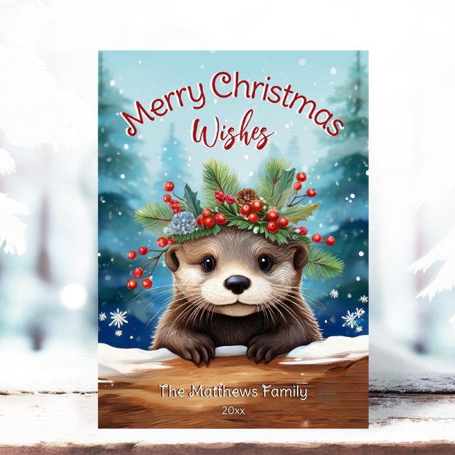 Little Otter Peeking Holly & Pine Merry Christmas Holiday Card (Adorable Winter Snowy Scene With Peeking Dogs or Farm/Woodland Animals - Over 50 to Choose From!)