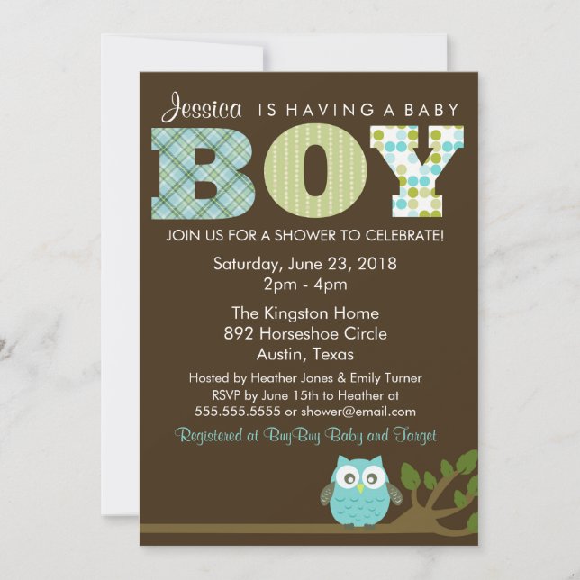 Little Owl Baby Boy Shower Invitation, Pattern Invitation (Front)