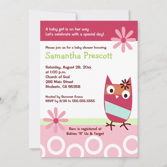 Little Owl Baby Shower Invitations Baby Girl 5x7 (Front)