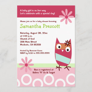 Little Owl Baby Shower Invitations Baby Girl 5x7