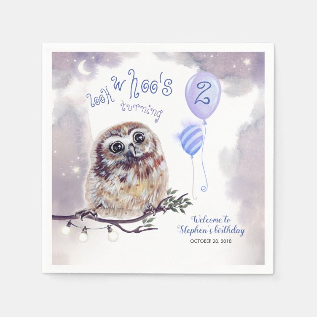 Little Owl Blue Night Birthday Napkin (Front)