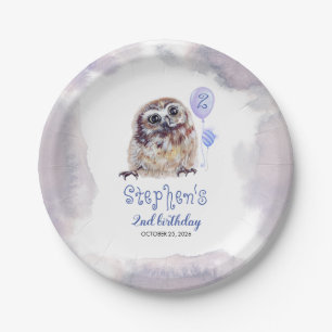 Little Owl Cute Blue Birthday Paper Plate