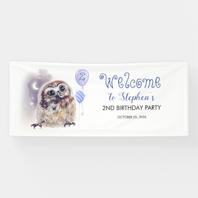Little Owl Cute Blue Birthday Party Banner (Horizontal)