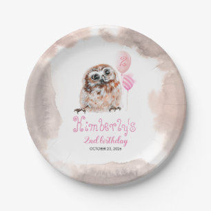 Little Owl Cute Pink Birthday Paper Plate