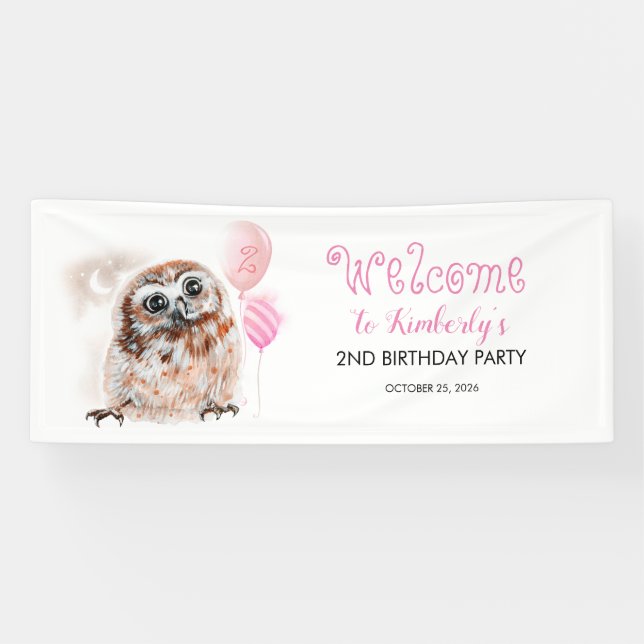 Little Owl Cute Pink Birthday Party Banner (Horizontal)