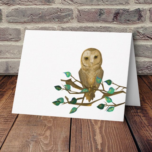 Little Owl Note Card, Leafy Green Tree Branch Card (Blank note card with beige barn owl perched on leafy green branch)