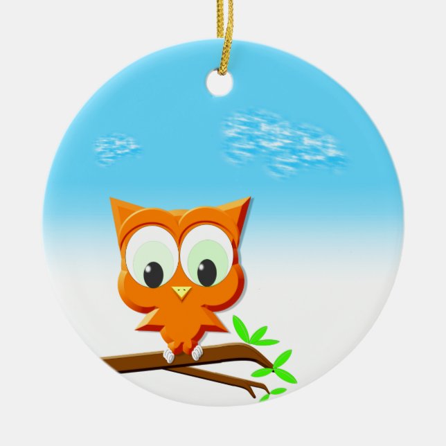 Little Owl on a Branch Ceramic Tree Decoration (Front)