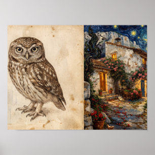 Little Owl Sketch and Cottage Art Poster
