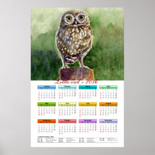 Little owl watercolor calendar 2016 poster